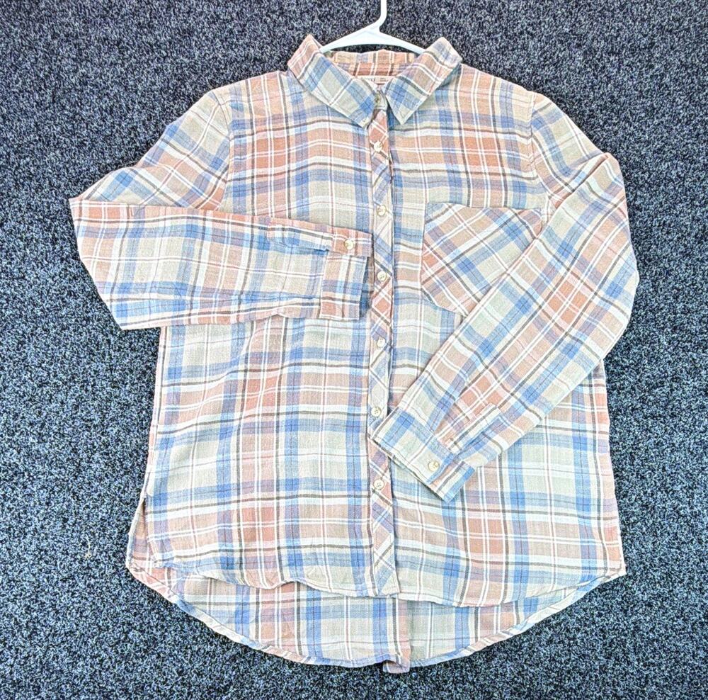 Bècool women L Multicolor Rayon Flannel Plaid L/S Point Collar Button-Up Pockets